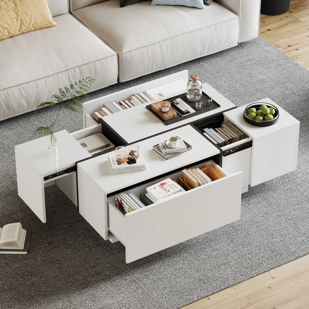 Tavolino da caffè moderno 100x60x40 cm in truciolare bianco e nero; 4 cassetti; piano lucido