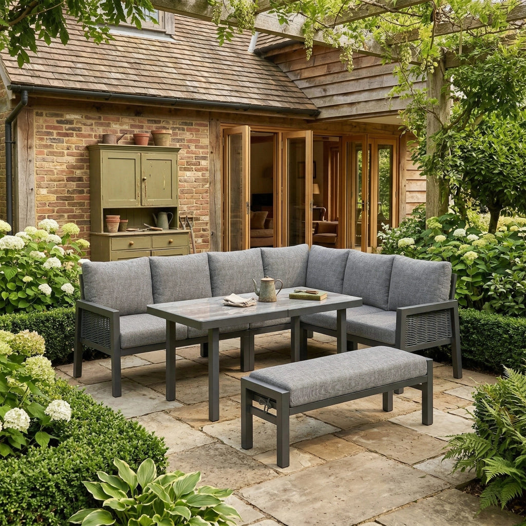 Set da Giardino 8 Posti Angolare ¨C MINIMAL ¨C Polyrattan Grigio, Tavolo in Vetro