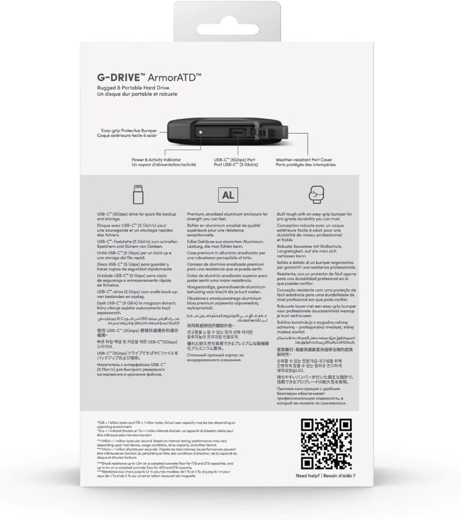 G-DRIVE ArmorATD 2TB, HDD portatile USB-C (5Gbps), USB 3.2 Gen 1, Thunderbolt 3, fino a 130 MB/s