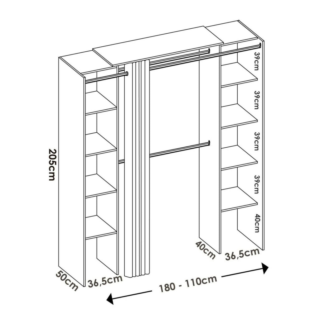 Guardaroba Acron, Struttura per cabina armadio, Mobile appendiabiti aperto allungabile, 180x50h205 cm, Rovere e Grigio