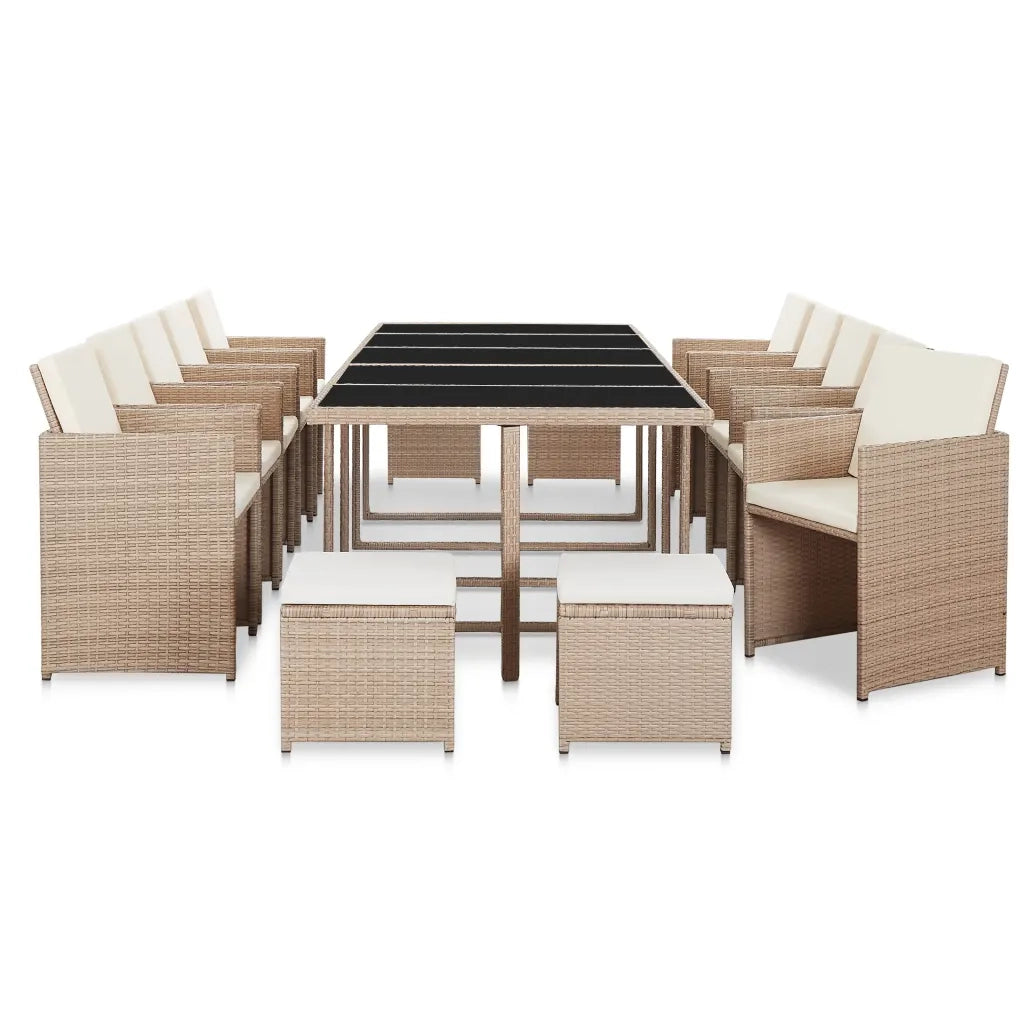 Set da Pranzo da Giardino 15 pz con Cuscini in Polyrattan Beige