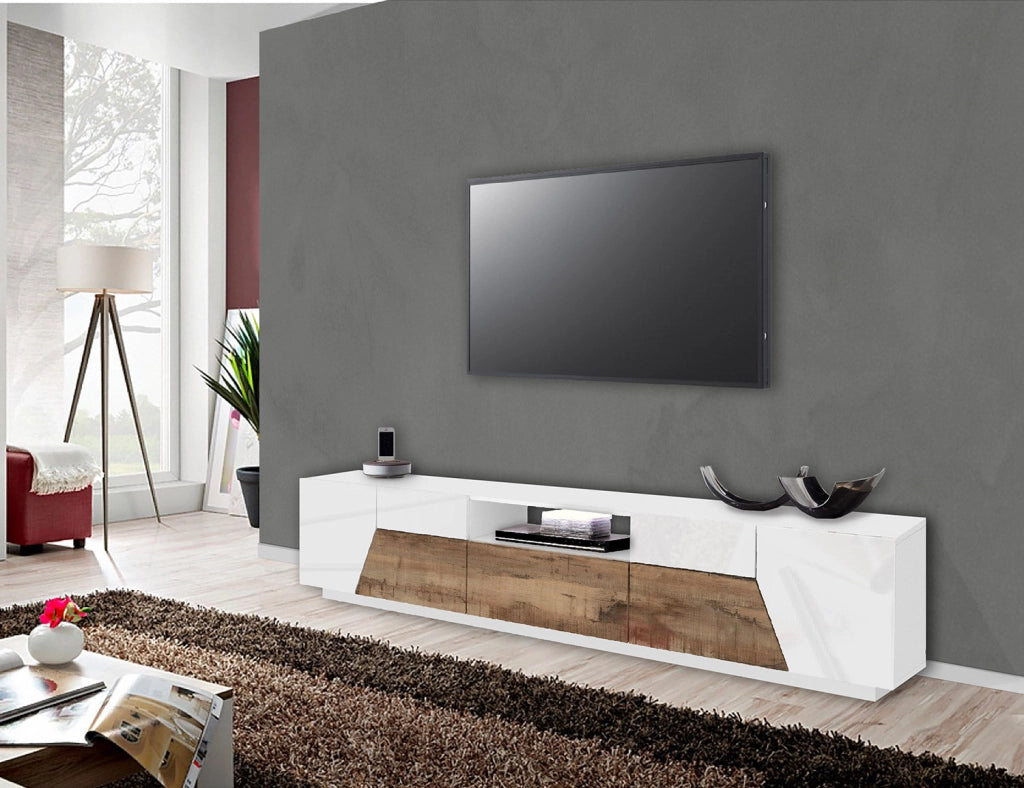 Mobile TV 4 Ante 1 Cassetto 220,1x43x46 cm Alien Bianco Lucido e Acero Pereira