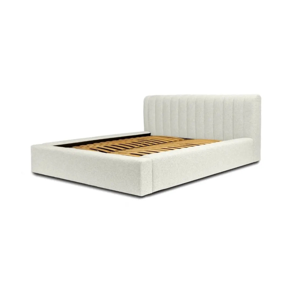 Letto contenitore CERVIN - Grigio Lino naturale bouclé - 180x200 cm - Rete sollevabile - Design di alta gamma