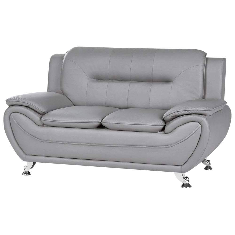 Divano a 2 posti in ecopelle vegana grigio con braccioli e gambe in metallo argentato facile da pulire stile moderno e glamour per il soggiorno