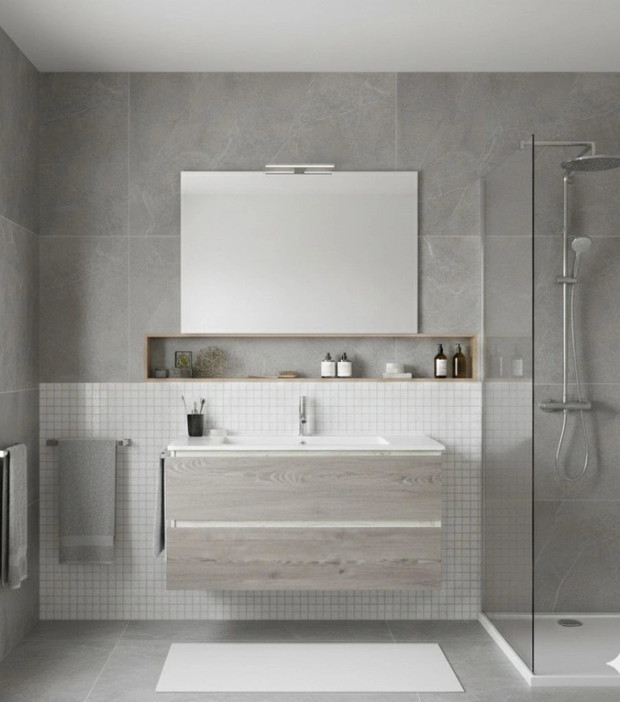 Mobile Bagno LOKI Già Montato 2 cassetti con piedini, lavabo e specchio Combi 80x40 cm