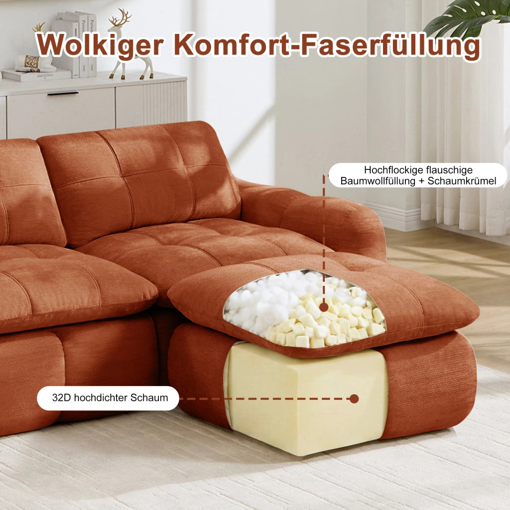 Divano ad angolo modulare in ciniglia con seduta ampia e profonda, senza montaggio, arancione 334 × 160 × 68 cm