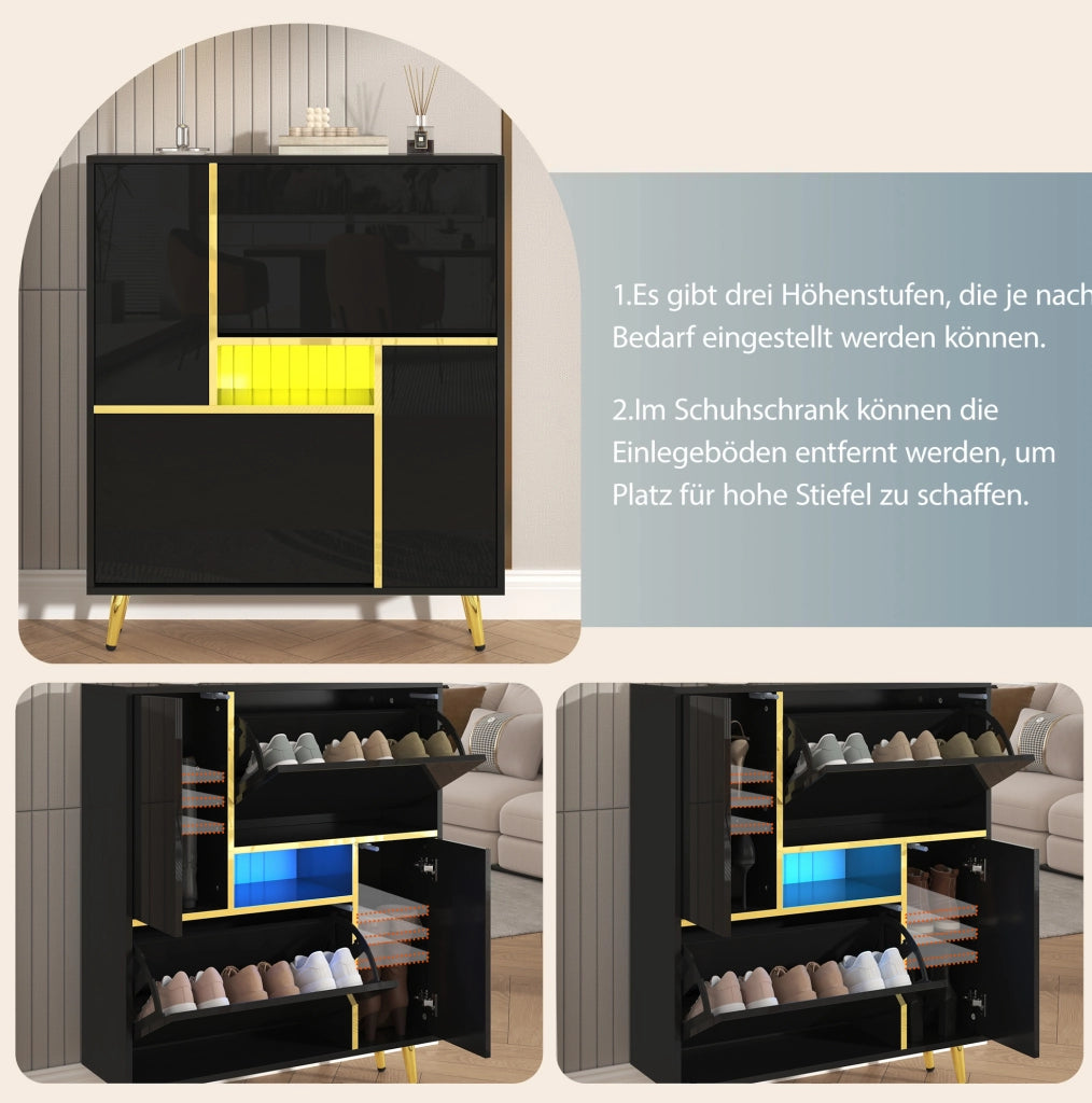 Scarpiera nera con frontale lucido; LED a 16 colori; 80 x 25 x 96 cm in truciolare