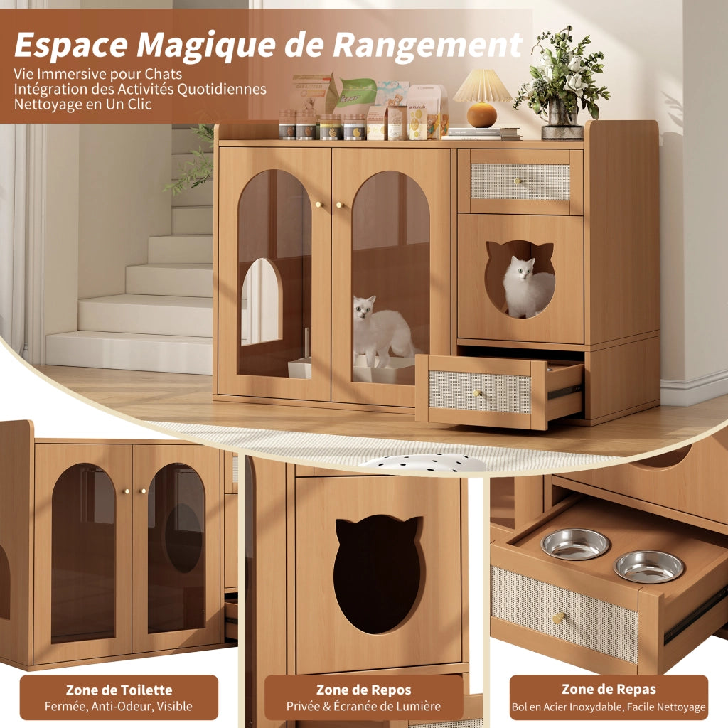 Mobile coperto per lettiera per gatti 5 in 1 con vano riposo e cassetto ciotole, in MDF e vetro, noce, 120 × 45 × 76 cm