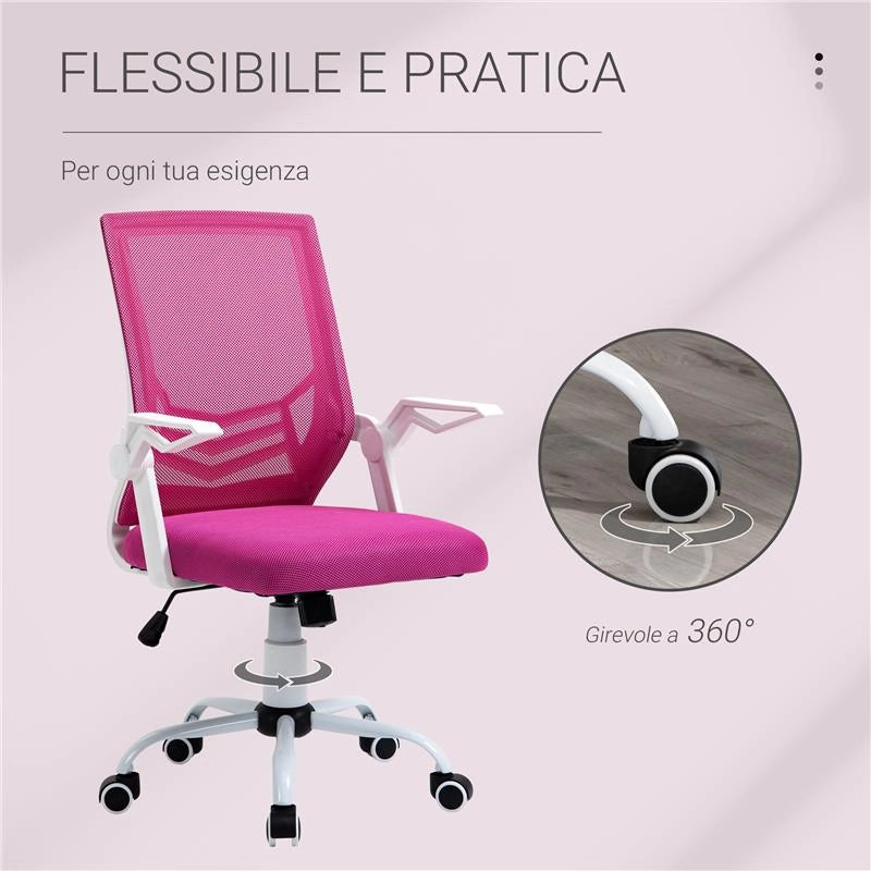 SEDIA DA UFFICIO ERGONOMICA CON BRACCIOLI E SUPPORTO LOMBARE, POLTRONA UFFICIO GIREVOLE E ALTEZZA REGOLABILE IN TESSUTO ROSA