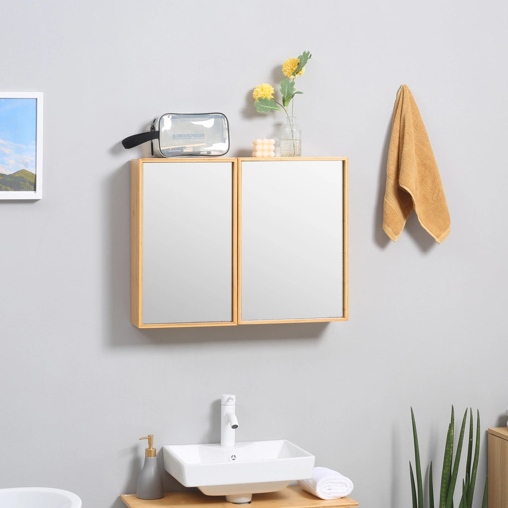 Specchiera da bagno a 2 ante con 3 ripiani interni in bambù, mobile pensile da parete