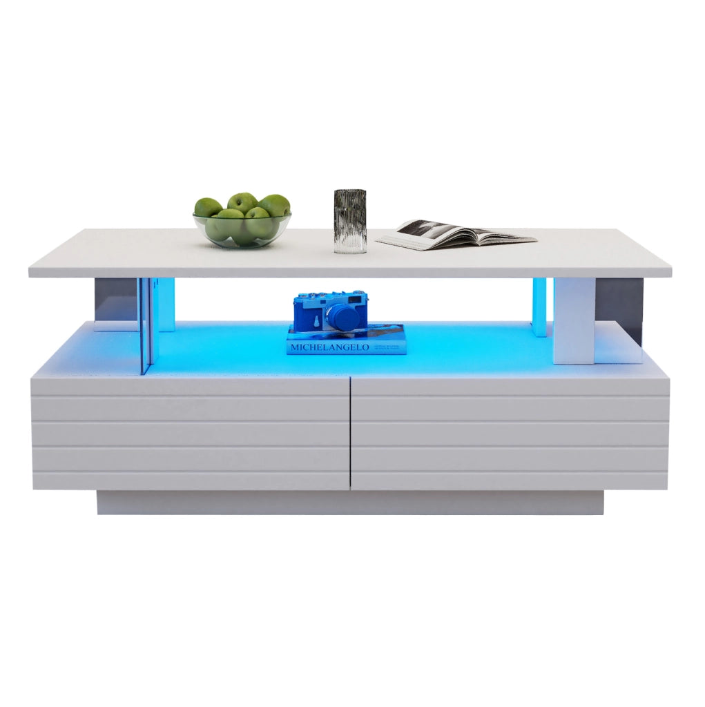 Tavolino da caffè LED bianco moderno con contenitore; 100 x 50 x 42 cm; in truciolare e acrilico