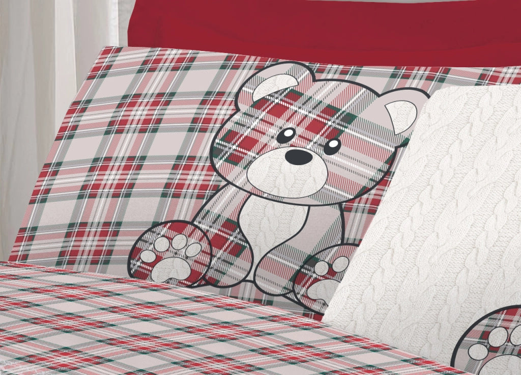 Completo Lenzuola Flanella Pensieri Delicati 100% Cotone Disegno Orsetto Tartan - Piazza E Mezza - Rosso