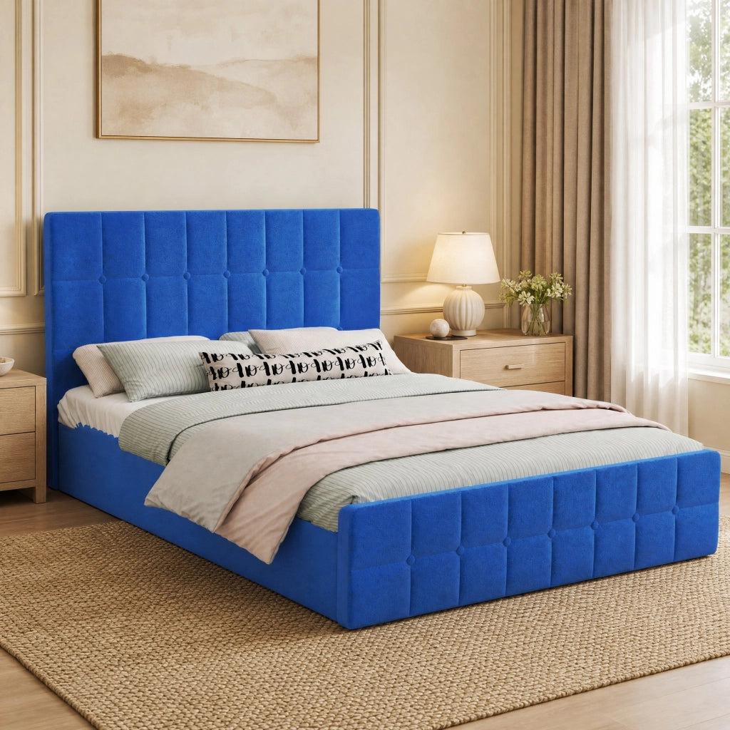 DESMIU Letto matrimoniale 140 × 200 cm 2 posti con testiera capitonnè, senza materasso, in velluto, blu