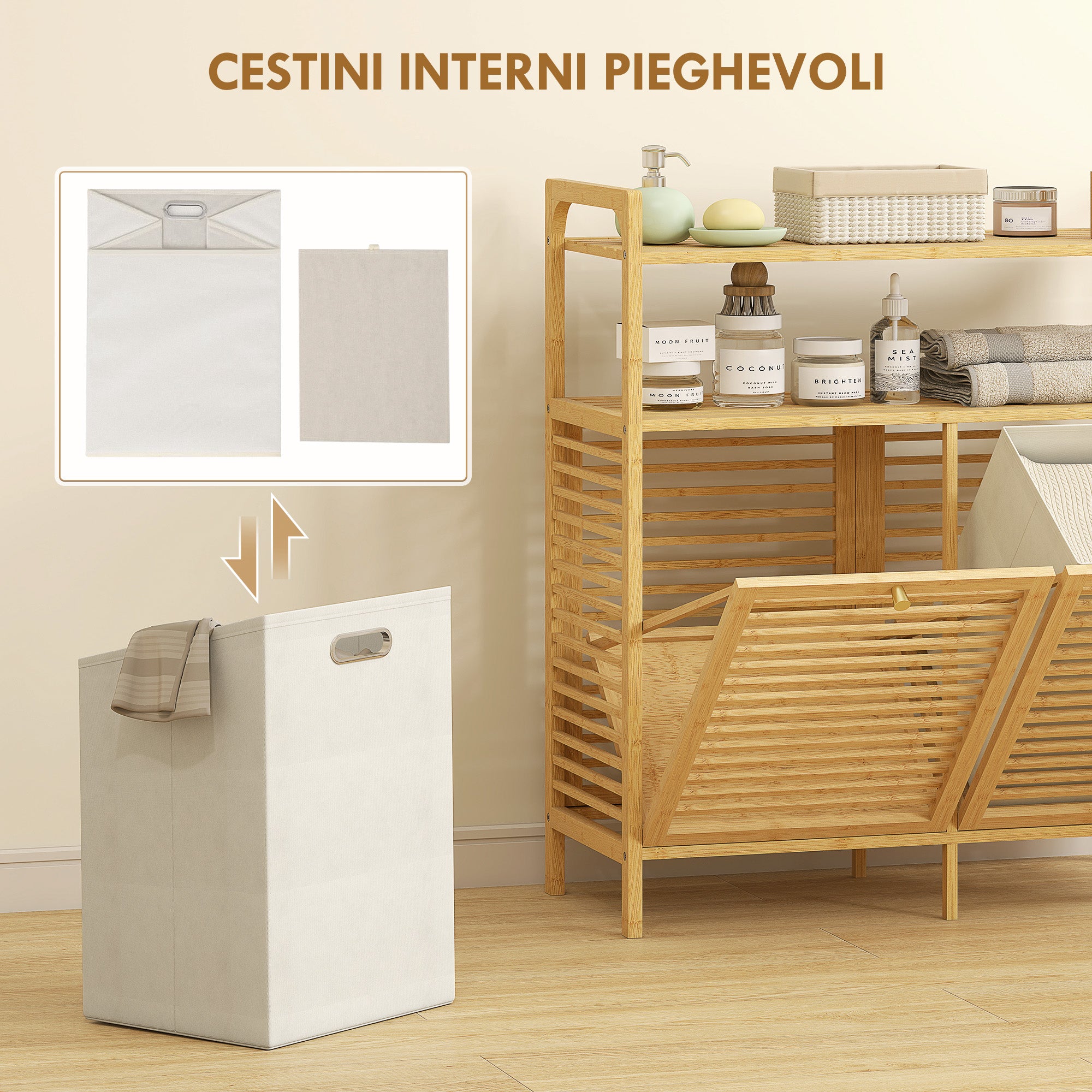 Mobile Bagno a Doghe con Cesti Portabiancheria 82x33x88 cm Capienza 41L in Bambù e Poliestere Crema