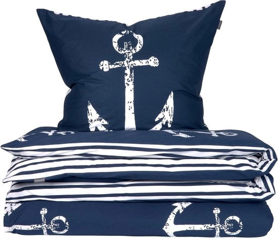 Set di asciugamani in cotone soffice con design marittimo, colore: blu marino e bianco, dimensioni: 155 x 220 cm + 80 x 80 cm