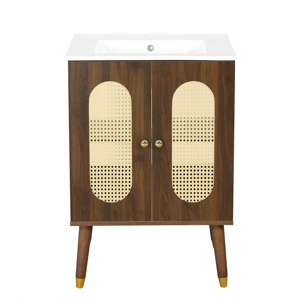 Mobile da bagno con lavabo in ceramica, ante in vimini traspiranti, spazio contenitivo, senza rubinetto, color noce