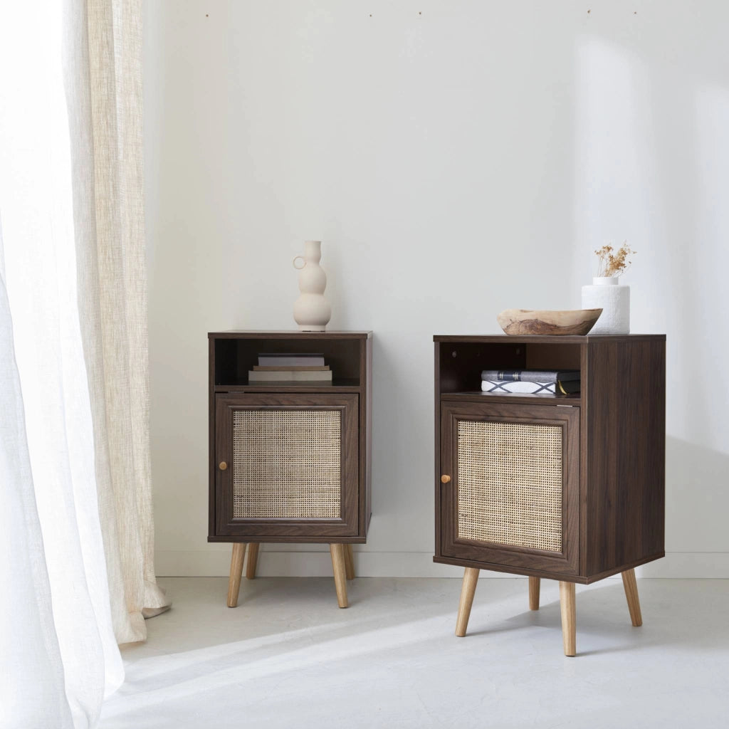 Set 2 comodini scandinavi in intrecciatura cannage, marrone scuro