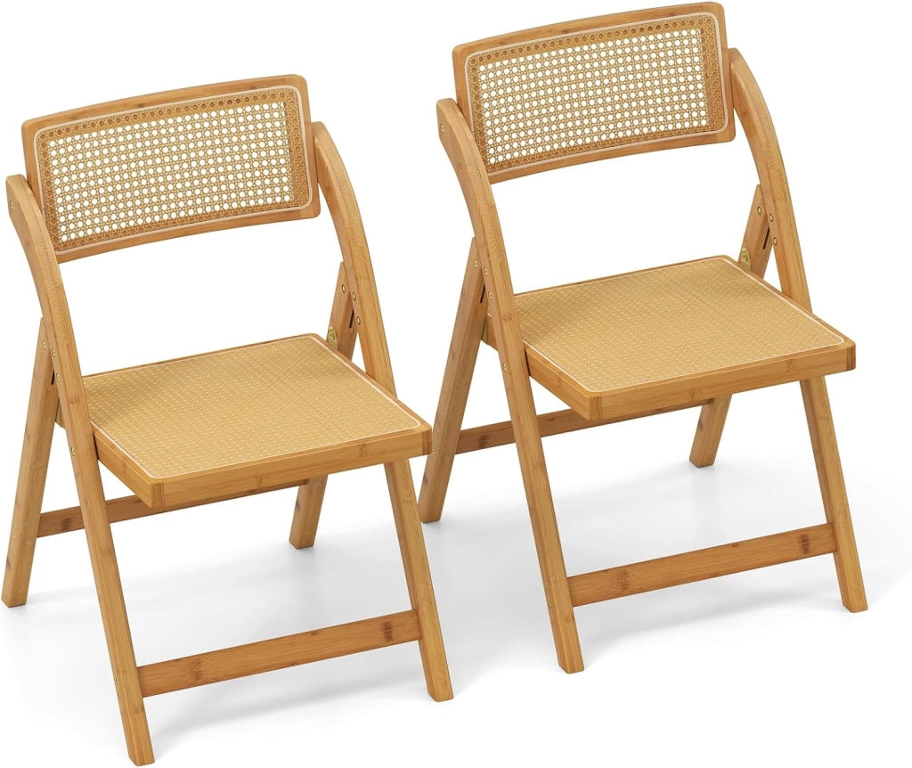 Set di 2 Sedie Pieghevoli in Rattan, Sedie da Sala Pranzo in Bambù con Schienale Rotolante, Sedie Stile Boho Senza Necessità di Montaggio, Capacità di 150 kg, per Cucina e Soggiorno, Naturale