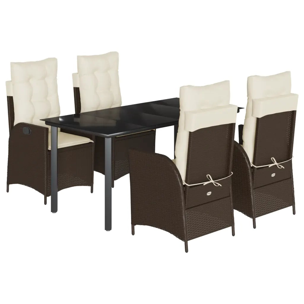 Set da Pranzo da Giardino 5pz con Cuscini in Polyrattan Marrone