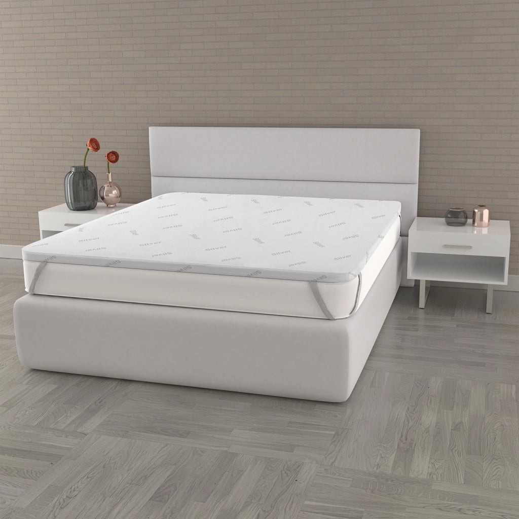 Topper Singolo 80x190 cm Memory Sfoderabile Fodera Silver con Elastici in Poliestere e Fibra Bianco