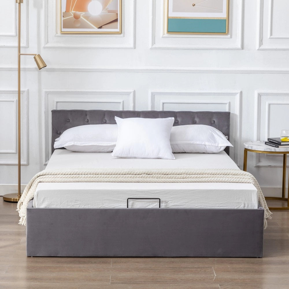 Letto Contenitore Imbottito Matrimoniale ¨C MINIMAL ¨C Grigio, Testiera con Bottoni, Rete a Doghe, Idraulico, 140x200