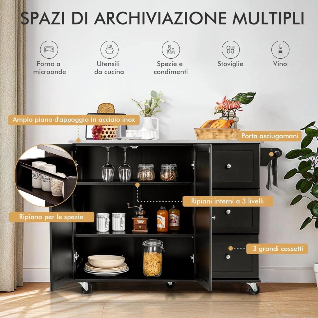 Carrello da Cucina, Isola da Cucina con Piano in Acciaio Inox, Armadietto a 2 Ante e 3 Cassetti, Ripiani Regolabili e Portasciugamani e Portaspezie, 135x45,5x 91,5 cm (Nero)