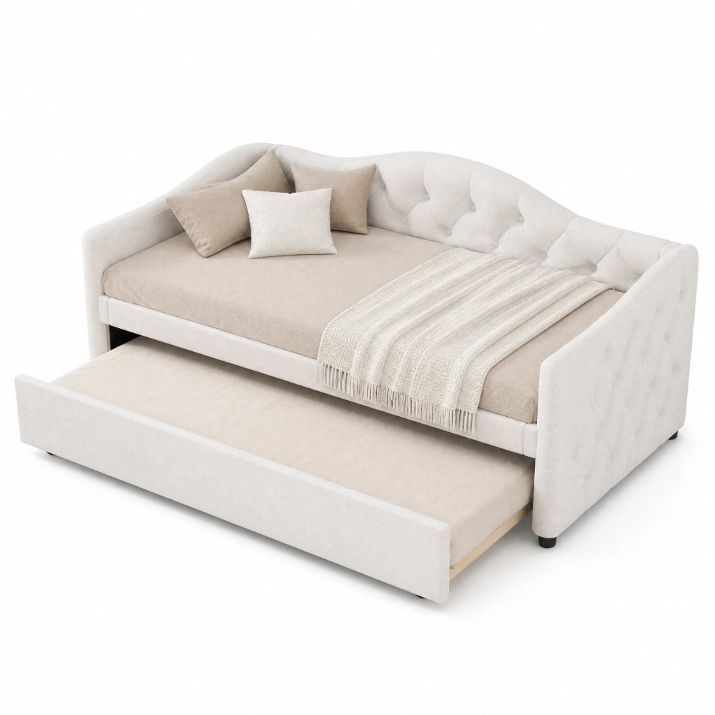 Letto singolo salvaspazio 90×200 cm con letto estraibile; senza materasso; lino e MDF; beige