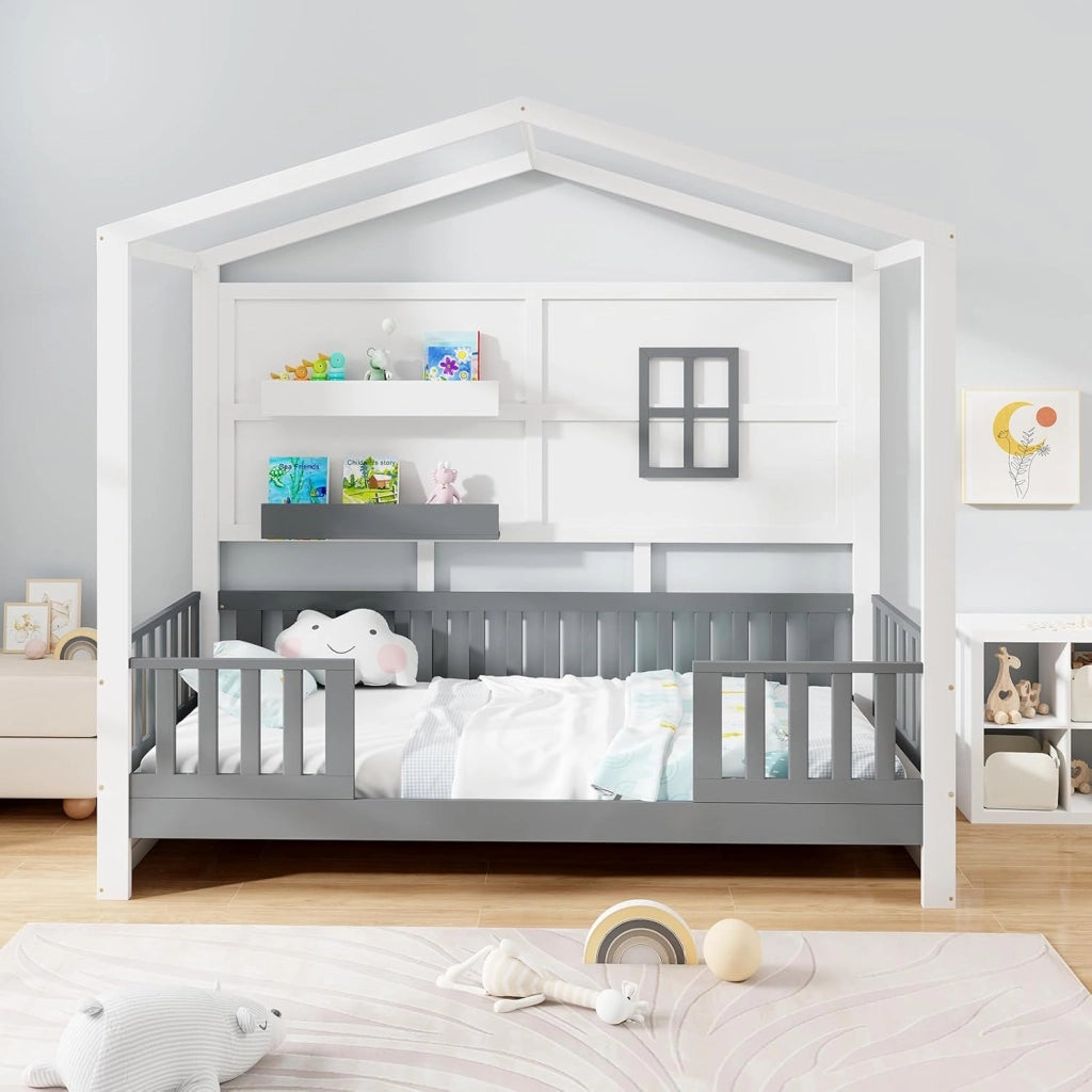 Struttura del Letto per Bambini in Misura Twin con Tetto, 2 Mensole, Recinzione, Finestra, Letto a Tema Casetta in Legno per Bambini e Ragazze, Senza Necessità di Molle