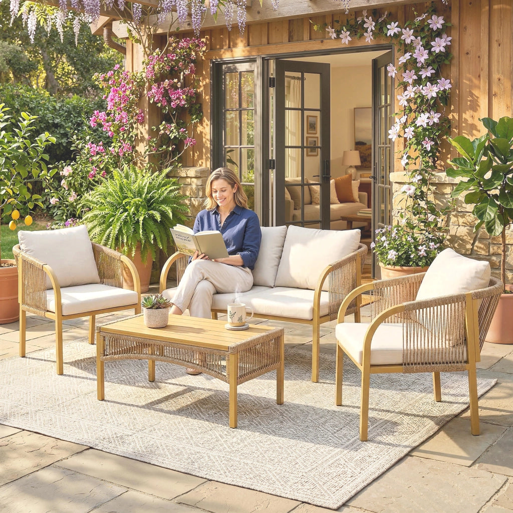 Set da Giardino 4 Pezzi con Divano 2 Poltrone Tavolino Cuscini ¨C zephmum ¨C Resina Intrecciata Grigio Verde 120x72x73cm