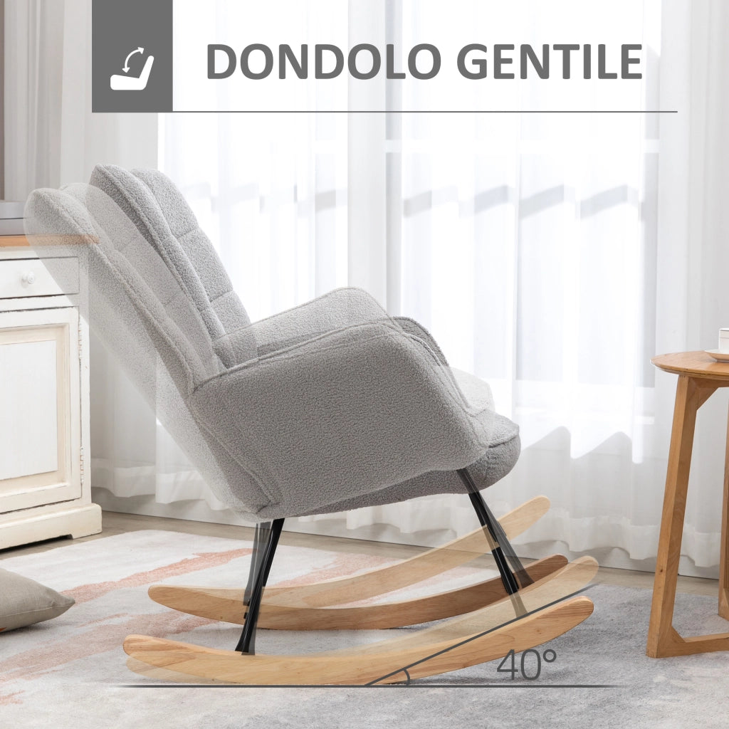 Poltrona a Dondolo Imbottita in Legno e Acciaio con Rivestimento Boucl¨¦, 71x98x101 cm, Grigio