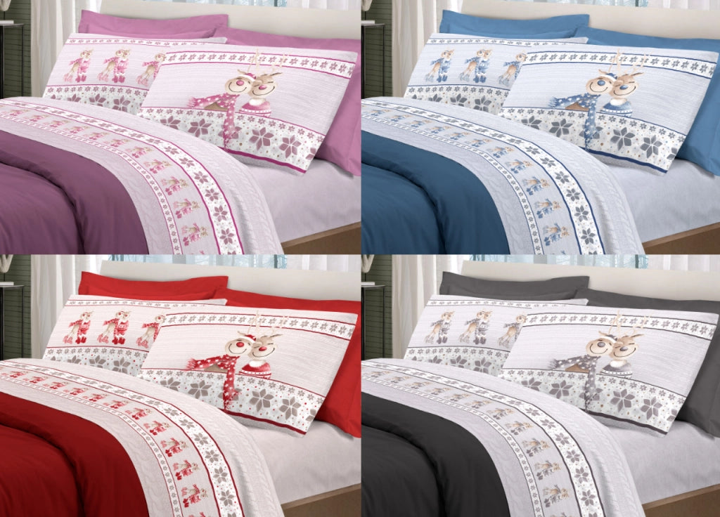 Completo Lenzuola Linea Pensieri Delicati 100% Cotone Disegno Renna - Matrimoniale - Blu