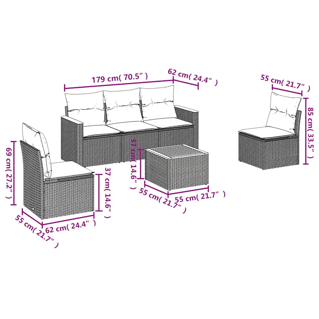 Set Divani da Giardino 6 pz con Cuscini Grigio in Polyrattan 3225858