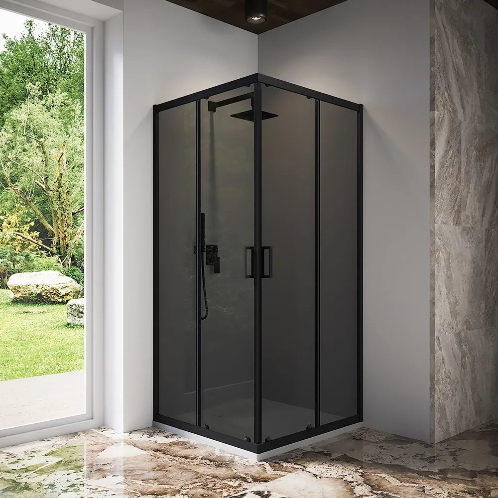 Box doccia 90x90 cm angolare scorrevole profili nero opaco vetro 6mm fumè h185 | Tonga