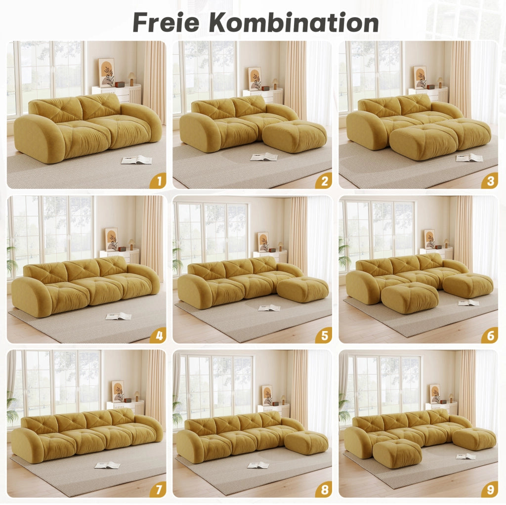 Divano modulare senza struttura in chenille giallo; imbottitura in schiuma 32D e design flessibile