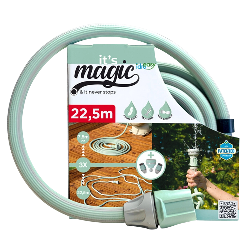Idroeasy, Tubo Estensibile da Giardino 22,5 Metri con Doccetta 6 Funzioni e Raccordi, Tubo Giardino 1/2” Antitorsione e Antinodo,Estensibile Fino a 3 Volte la sua lunghezza Iniziale, Made In Italy