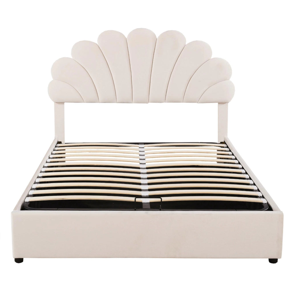 Letto imbottito 140 x 200 cm in velluto beige con testiera floreale e contenitore