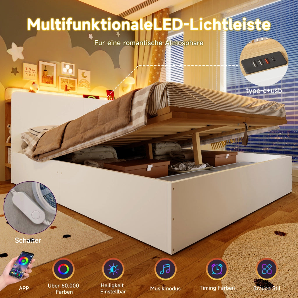 LETTO contenitore idraulico 140x200 cm pino bianco/naturale con USB Type-C e LED