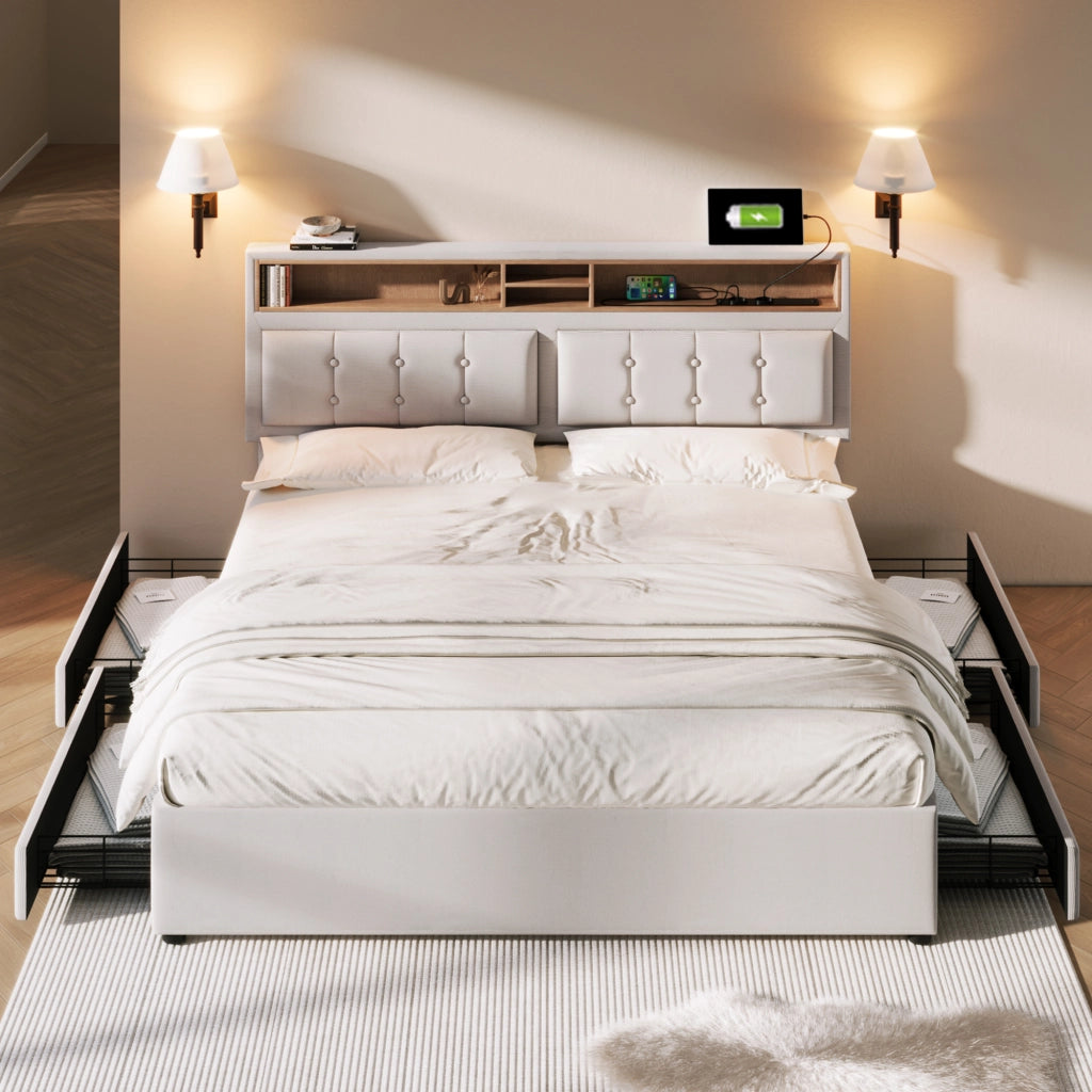 OKWISH Letto con Cassetti Letto Matrimoniale, 4 Cassetti, USB, Tipo C e Prese, 140×200 cm, senza Materasso, in Lino, Beige