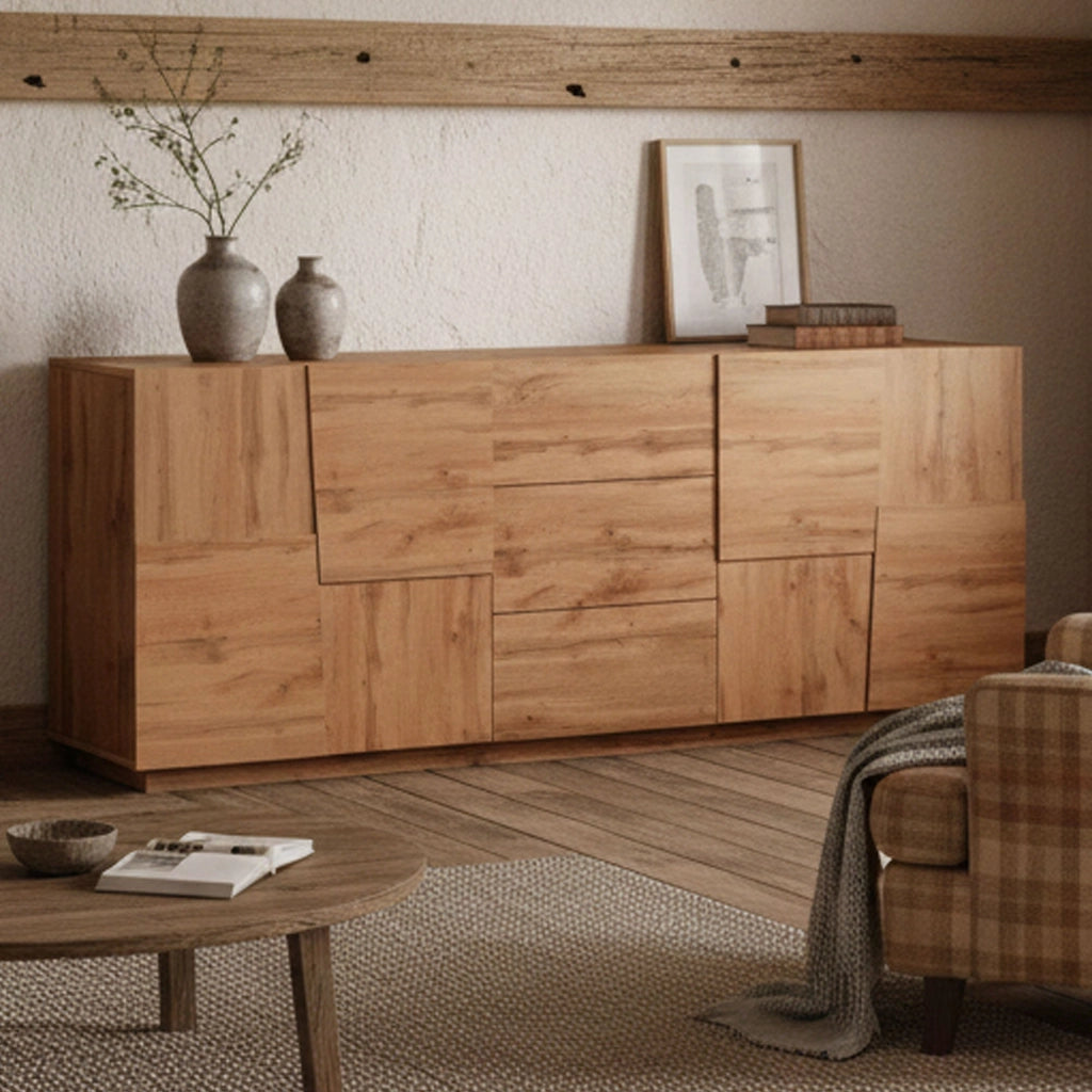 Credenza Astel, Buffet da soggiorno, Madia da salotto con 4 ante e 3 cassetti, 220x44h86 cm, Rovere