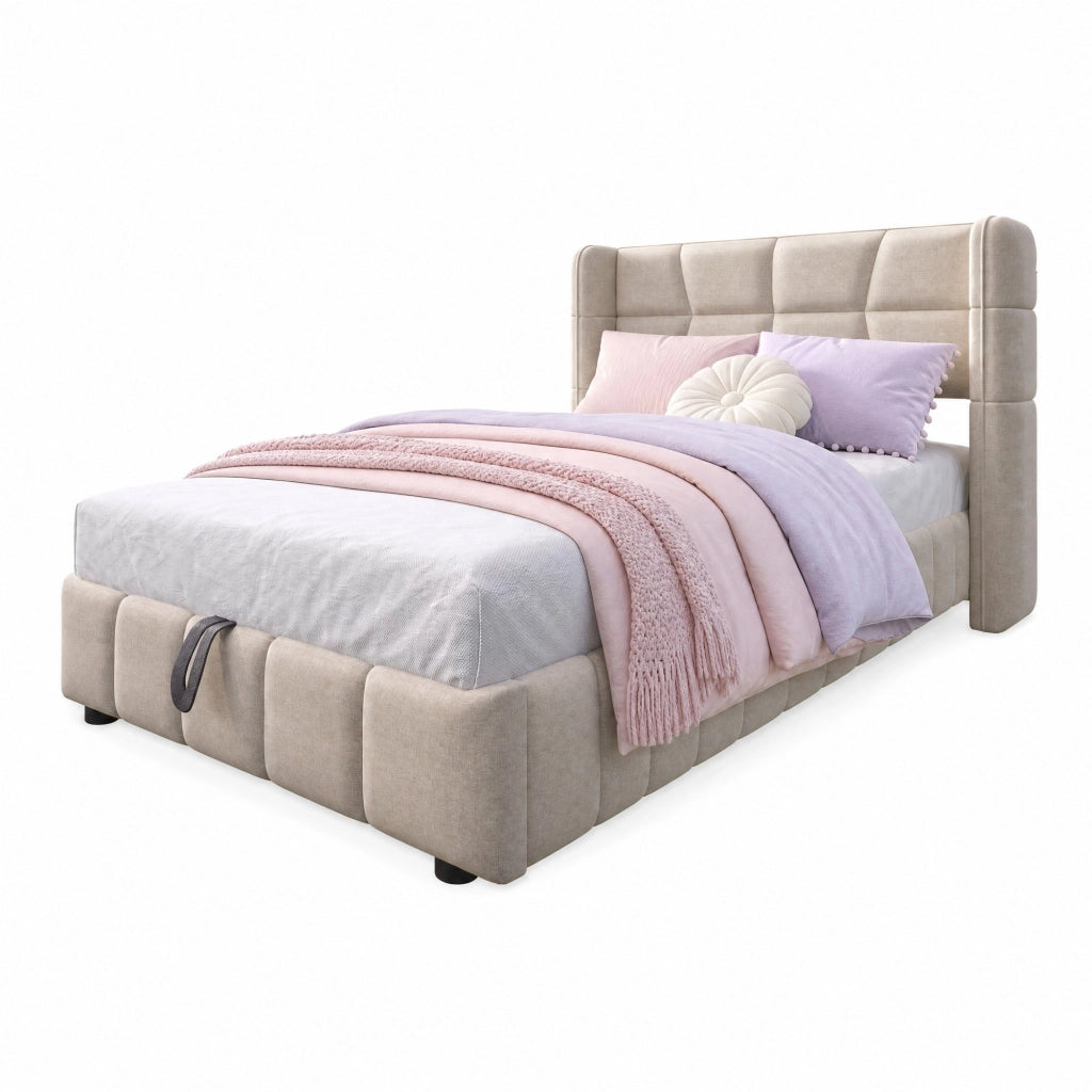 Letto imbottito 90x200 cm con contenitore, beige
