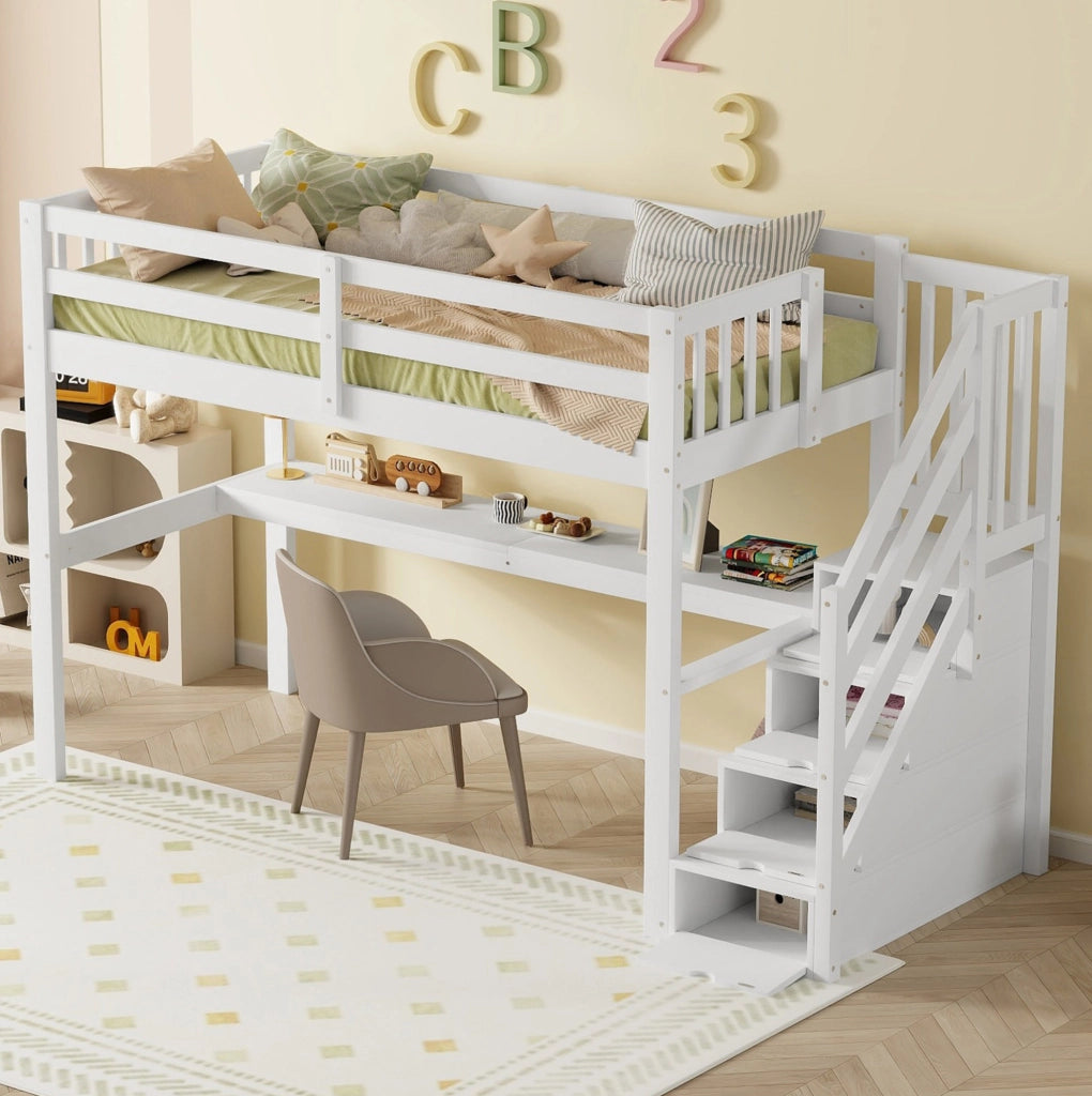 Letto a soppalco per bambini 90x200 cm con scrivania bianco