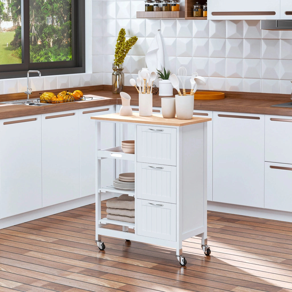 Carrello cucina con 3 cassetti; 2 ripiani e vassoio estraibile - per cucina - 67x37x84 cm - bianco