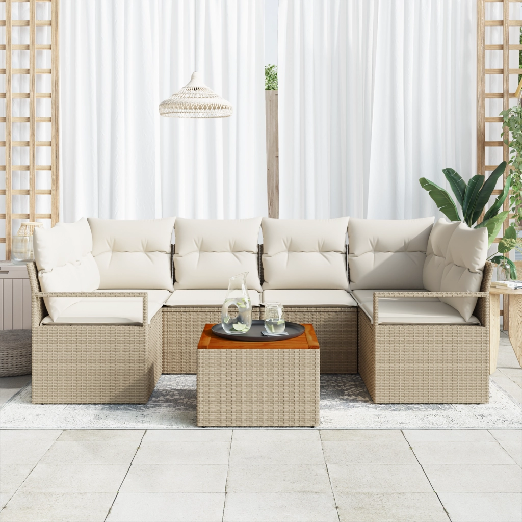 Set di Divani da Giardino  7 Pezzi con Cuscini Beige Polyrattan Acacia