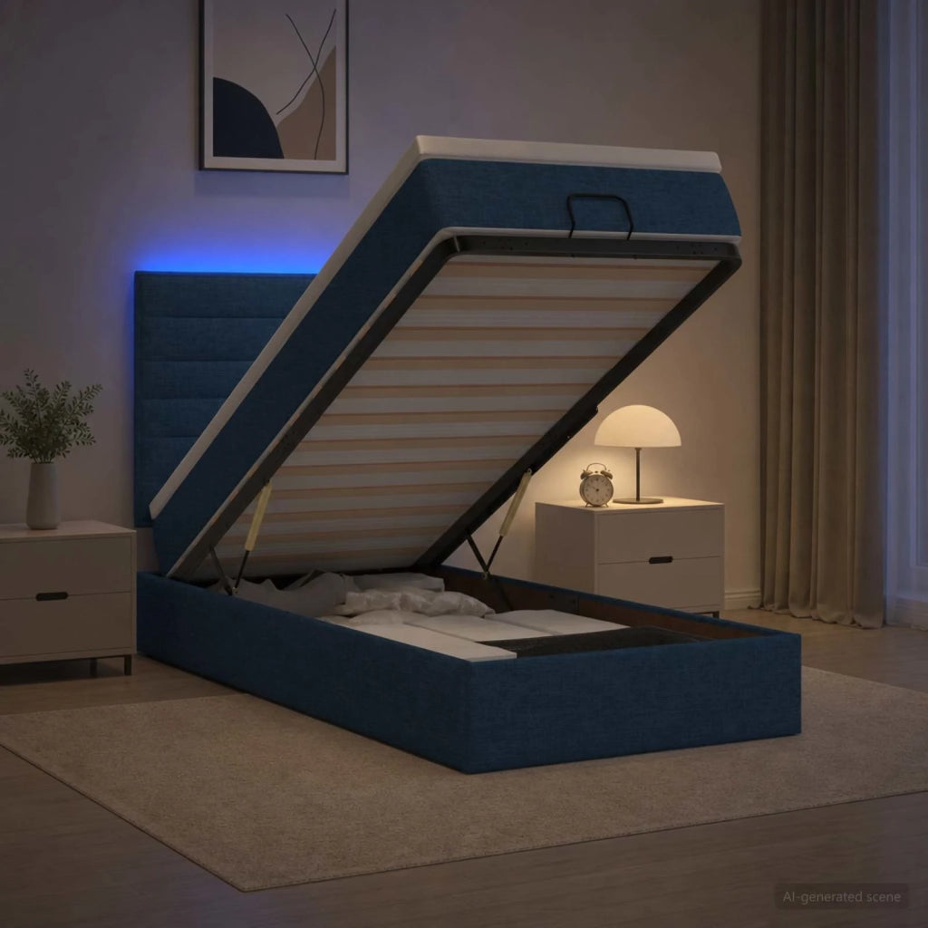 Letto Ottomano con Materasso e LED Blu 90 x 190 cm Tessuto 3457957