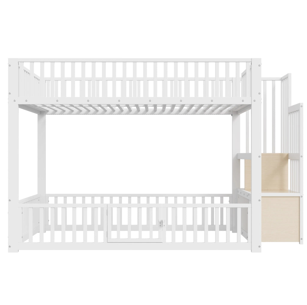 Letto a castello basso 140x200 cm con scala contenitore e LED in metallo e MDF bianco