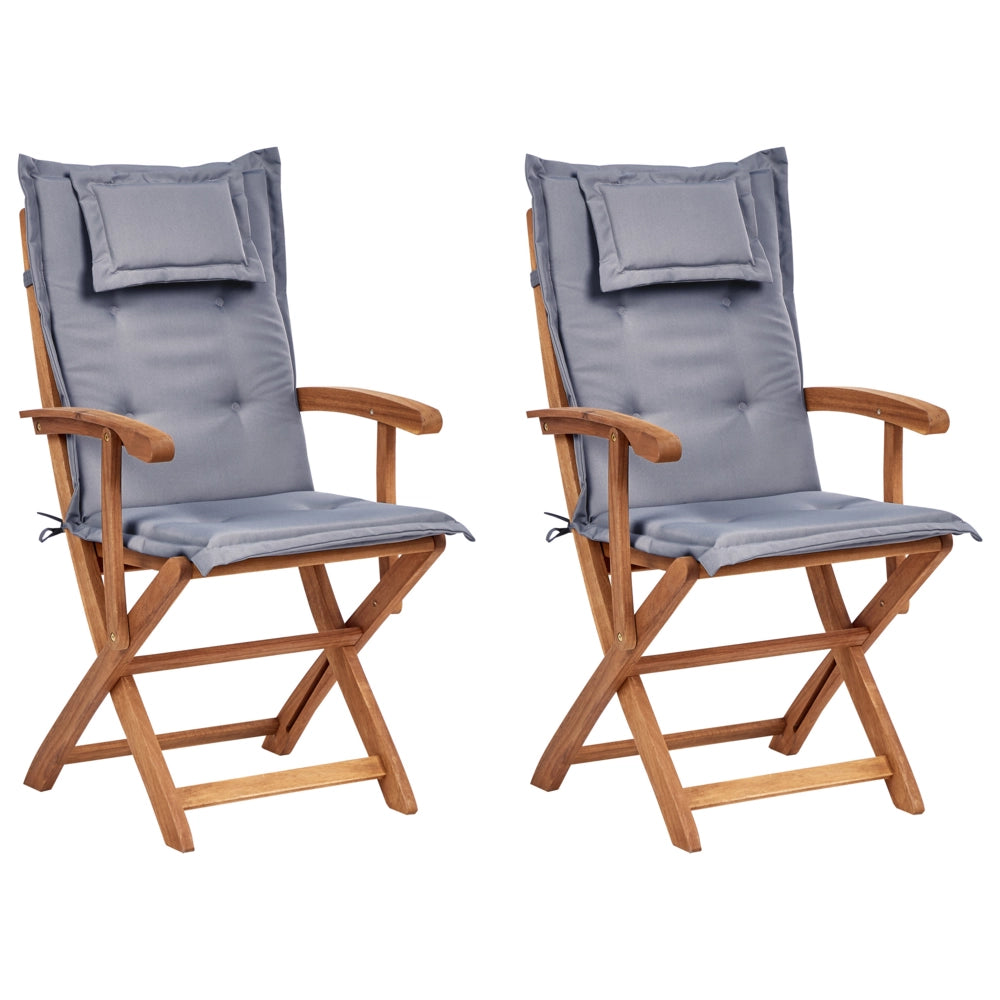 Set di 2 sedie da pranzo da giardino Legno chiaro con cuscino grigio Struttura in legno di acacia Design rustico pieghevole