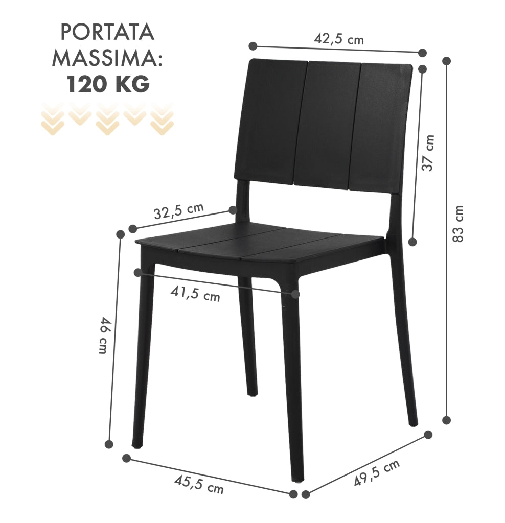 Set 4 Sedie In Polipropilene e Fibra Di Vetro Sedia Cucina Trattamento Uv Antiscolorimento Giardino Interno Esterno Moderne Robuste Resistenti Seduta Terrazzo Soggiorno Bar Ristorante Impilabili Livia-Nero