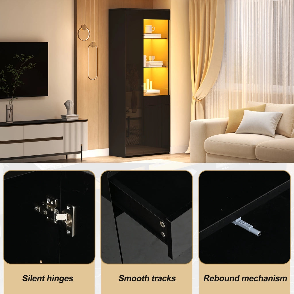 Vetrina con 1 cassetto 2 ante e vani aperti LED controllati da app per soggiorno in truciolare nero 70 × 35 × 180 cm