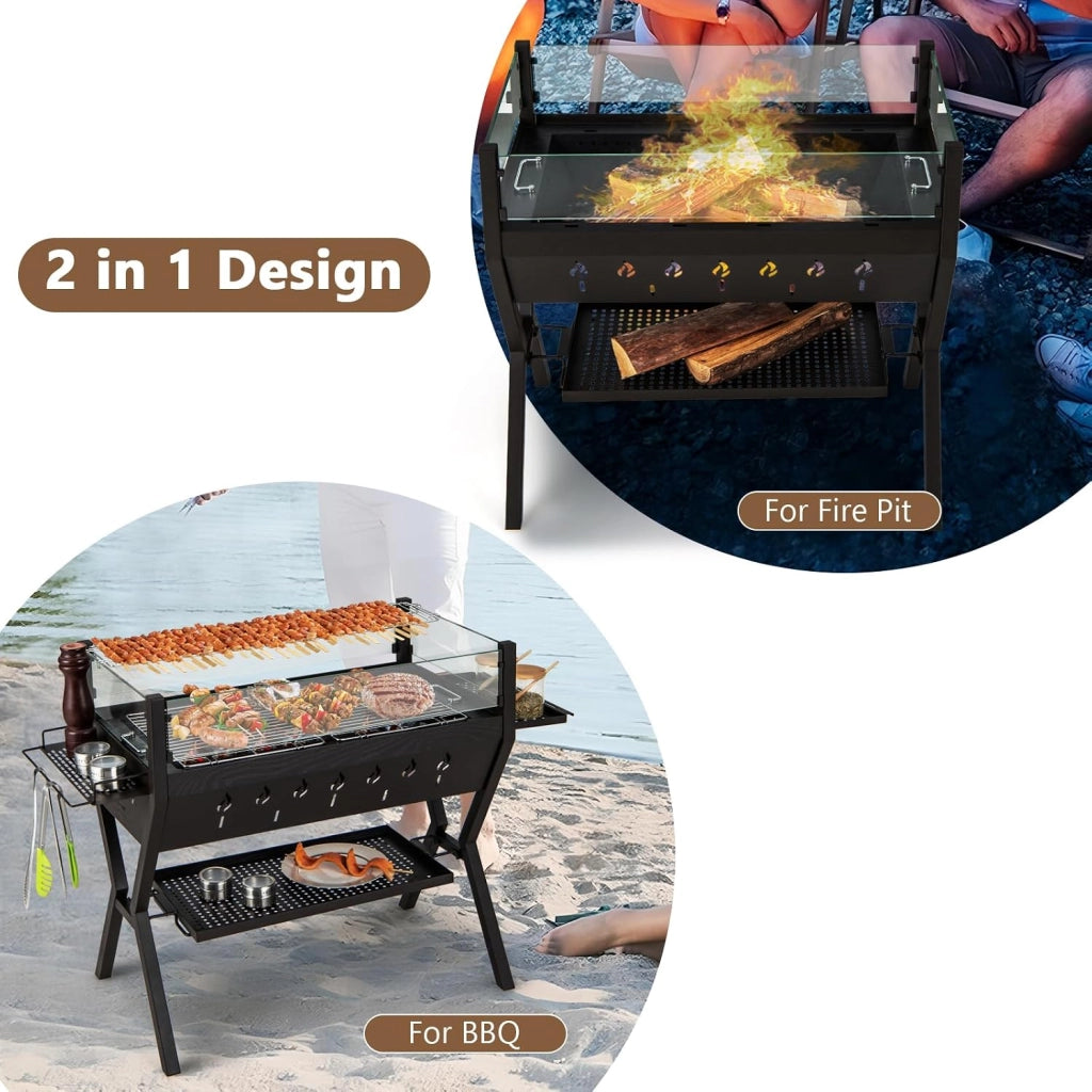 Barbecue a Carbone da Legno, con Parabrezza e Portaspezie, Griglia per Barbecue in metallo, Barbecue da campeggio con Coppia di guanti, Barbecue Esterno 3 in 1, 98 x 70 x 68 cm, Nero