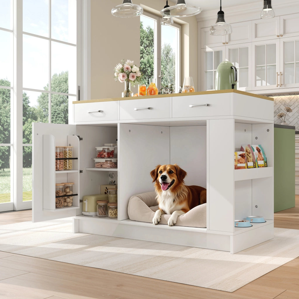 Carrello da cucina con 3 cassetti, 1 porta spezie, ripiano regolabile e area per animali, bianco
